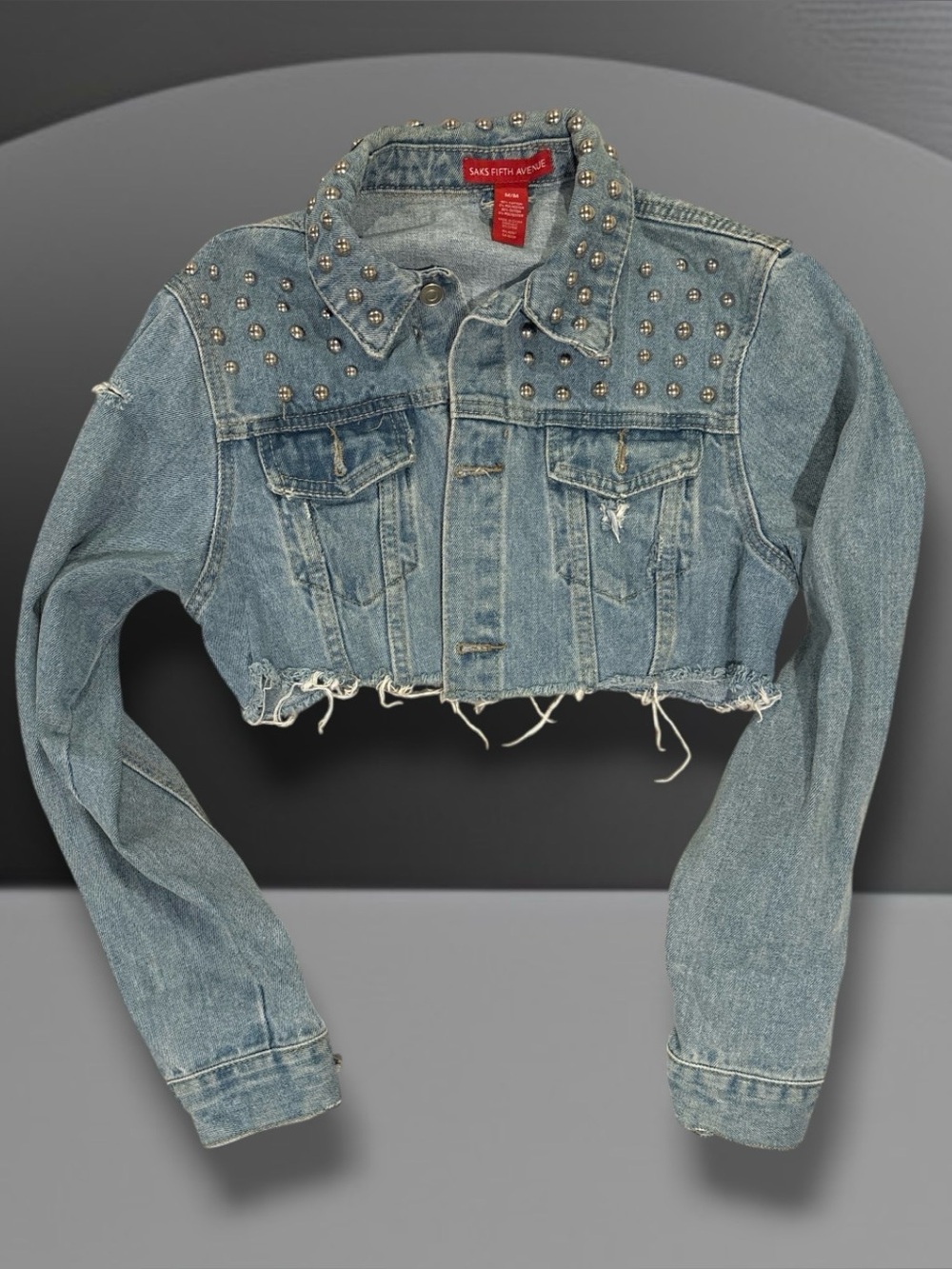 Saks Fifth Avenue Studded Cropped Denim Jacket Medium Wash Distressed M